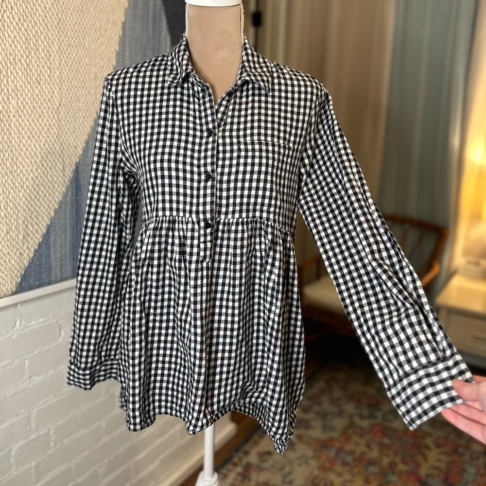 Zara Denim Collection Gingham Black and White Flowy Collared Shirt - Picture 2 of 9